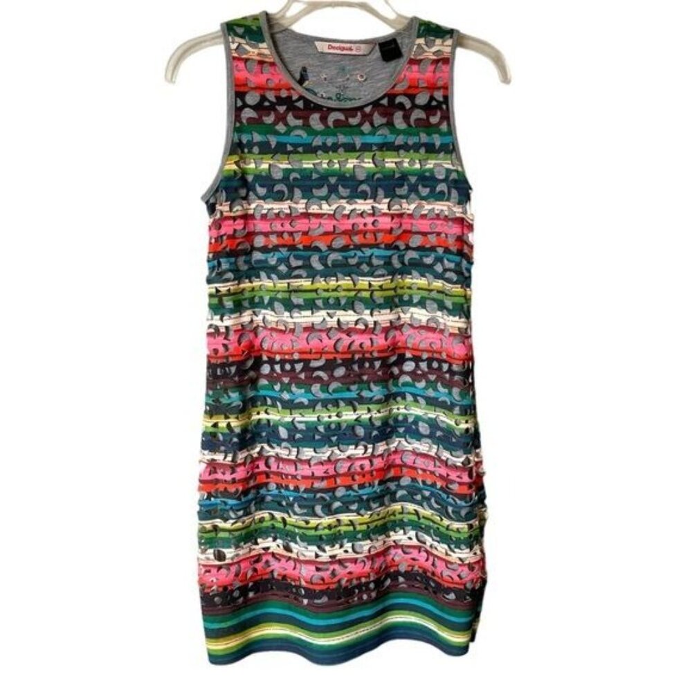 Desigual multicolor rainbow phoenix laser cutout pull over shift dress XS
